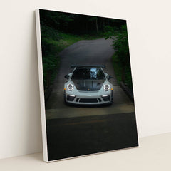 This photo shows a white Porsche sports car with a black hood and wing facing the camera on a forested road, in a white frame.