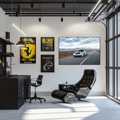Porsche 911 GT3 RS on Desert Highway displayed on wall in modern office with stylish decor, car wall art inspiration.