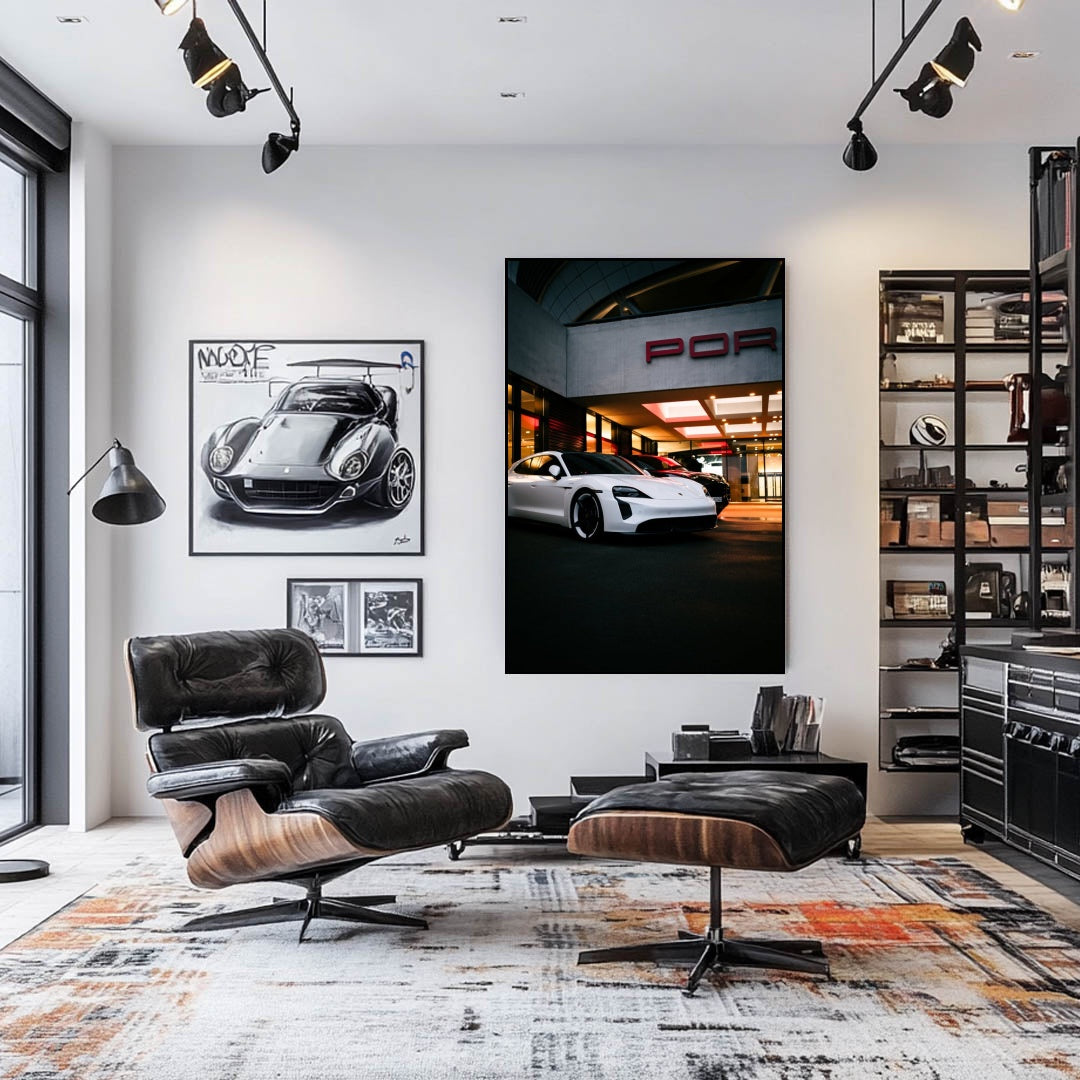 Taycan at the Dealership displayed in a modern living space as car wall art with stylish decor.
