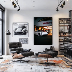 Taycan at the Dealership displayed in a modern living space as car wall art with stylish decor.