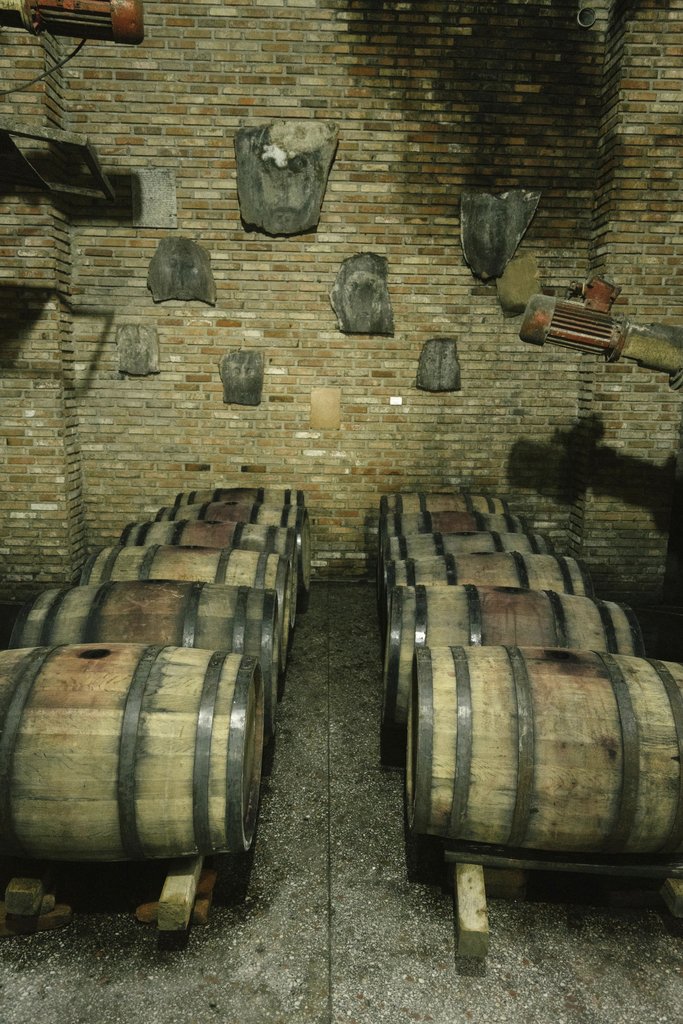 ArtHouse Studio - A collection of wooden wine barrels aging in a rustic brick cellar setting.