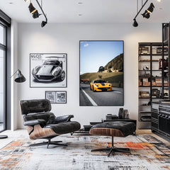 Ferrari F12tdf in Giallo Modena featured in stylish car wall art in modern living room setting.