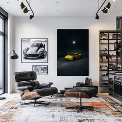 Ferrari F8 Tributo in the Spotlight displayed in a modern living room with car wall art.