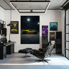 Ferrari 488 GTB in the Spotlight displayed as car wall art in a modern workspace with dark accents.
