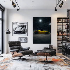 Ferrari 488 GTB in the Spotlight as wall art in a modern living room with sleek furniture.