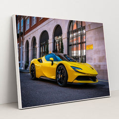 This photo shows a yellow Ferrari SF90 Stradale parked on the street in front of elegant city buildings, in a white frame.