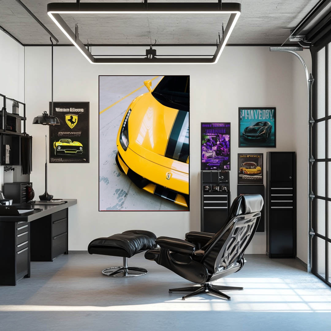 Ferrari Racing in Yellow Stripes car wall art displayed in a modern office setting with sleek furniture.