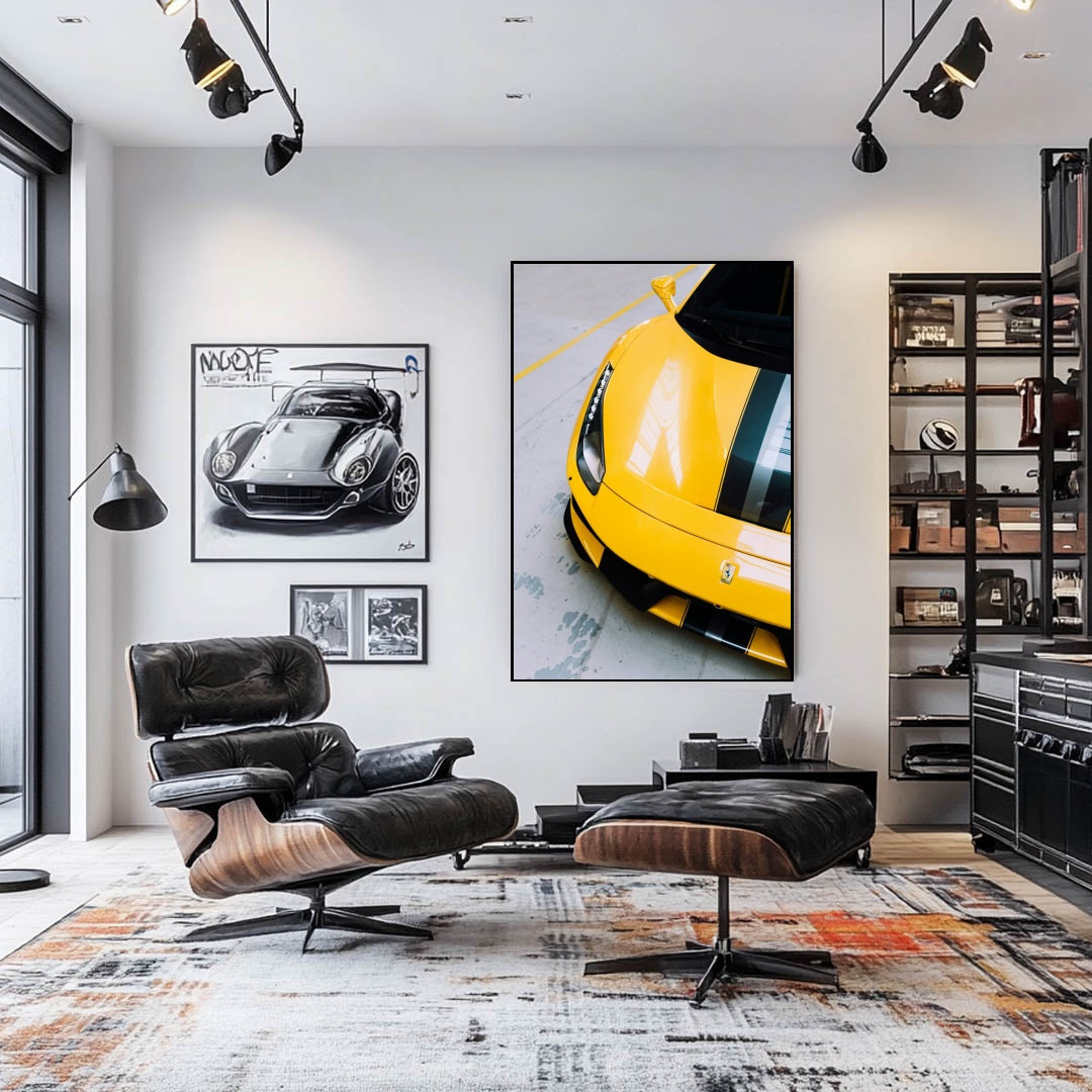 Elegant living room with car wall art featuring Ferrari Racing in Yellow Stripes and modern furniture accents.