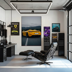 A stylish office featuring car wall art with a Racing Yellow Porsche 718 Spyder at Dusk print as the centerpiece.