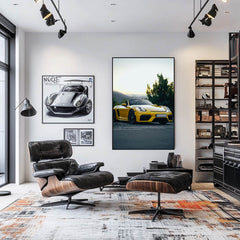 Porsche 718 Spyder Against the Horizon poster in a modern living room with car wall art.
