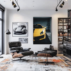 Ferrari 488 Pista in Giallo Modena displayed as car wall art in a modern living room setting.