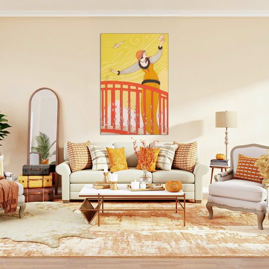 Bright living room with orange accent pillows and large vintage-style wall art above a beige sofa