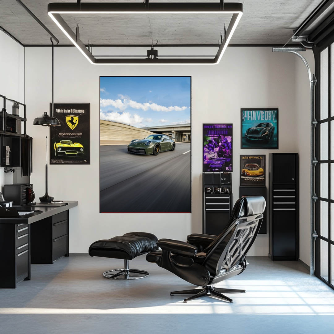 An olive green 911 GT3 on the Expressway, framed in a stylish office setting with car wall art.