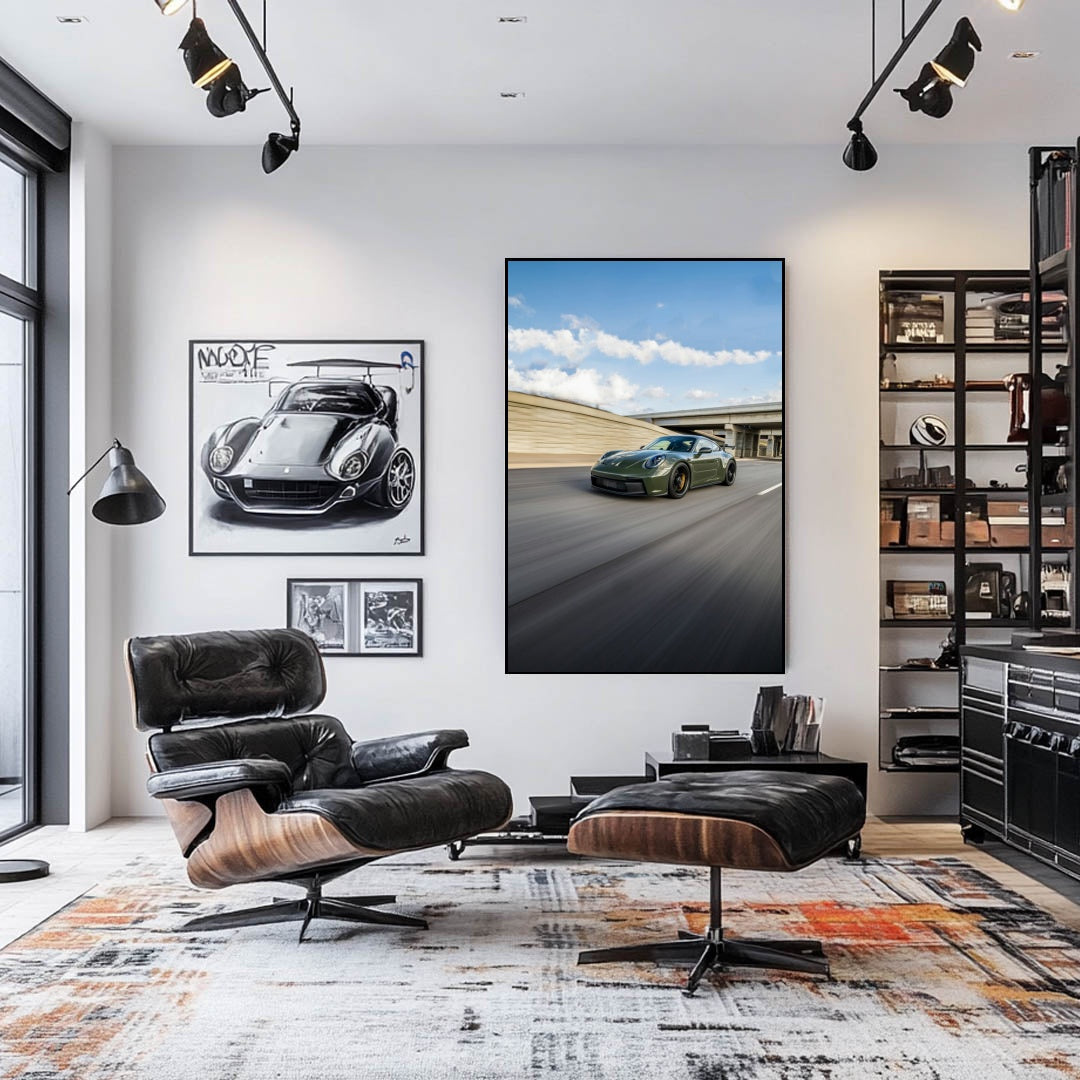 911 GT3 on the Expressway captured as wall art in a stylish living room with modern decor.