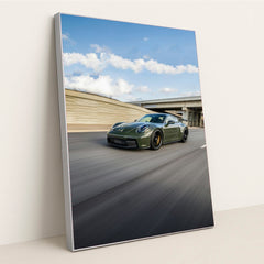 Olive green Porsche 911 GT3 on the Expressway, showcasing speed and precision, perfect for car wall art.