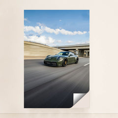 911 GT3 on the Expressway, olive green Porsche racing on a highway, showcasing speed and precision, car wall art.