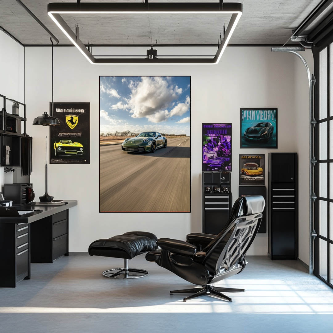 Porsche 911 on Open Highway car wall art displayed in a modern office with black furniture and vibrant posters.