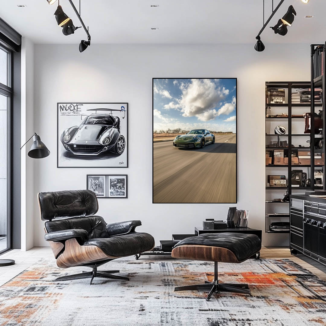 Porsche 911 on Open Highway car wall art showcasing a deep green car racing on a scenic road in a stylish interior.