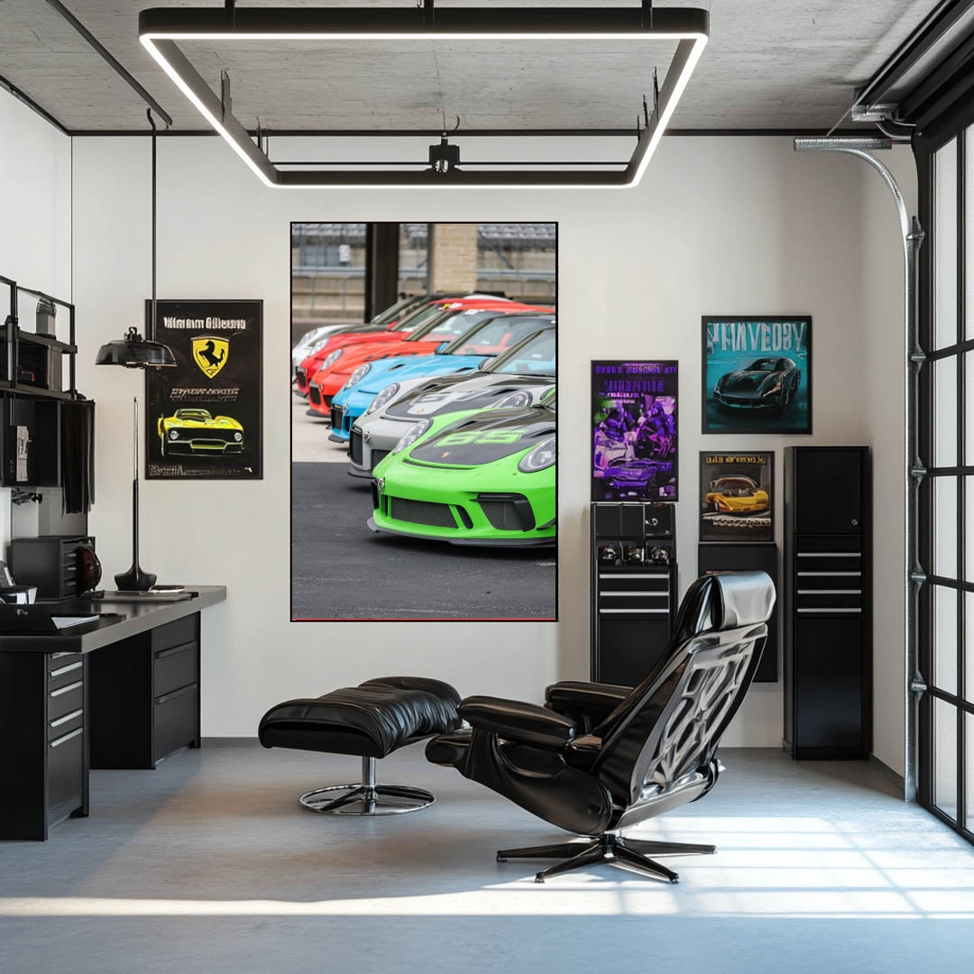 Porsche 911 GT3 Cup Lineup showcased in a stylish workspace, featuring vibrant racing cars on the wall.