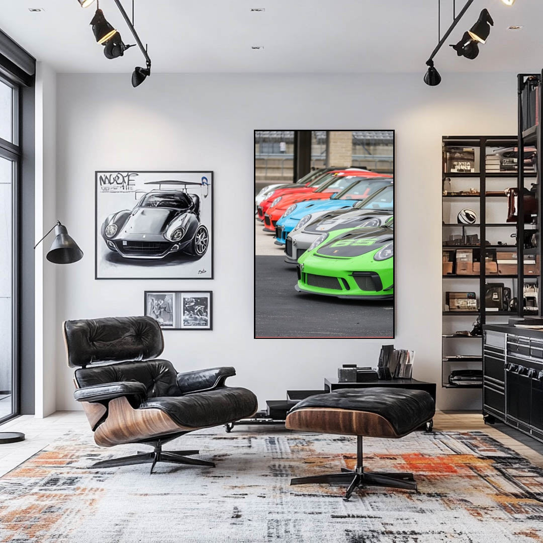 Porsche 911 GT3 Cup Lineup displayed as car wall art in a stylish modern living room.