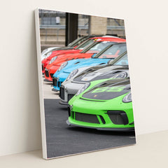Porsche 911 GT3 Cup Lineup featuring colorful racing cars, showcasing high-performance and precision in car wall art.