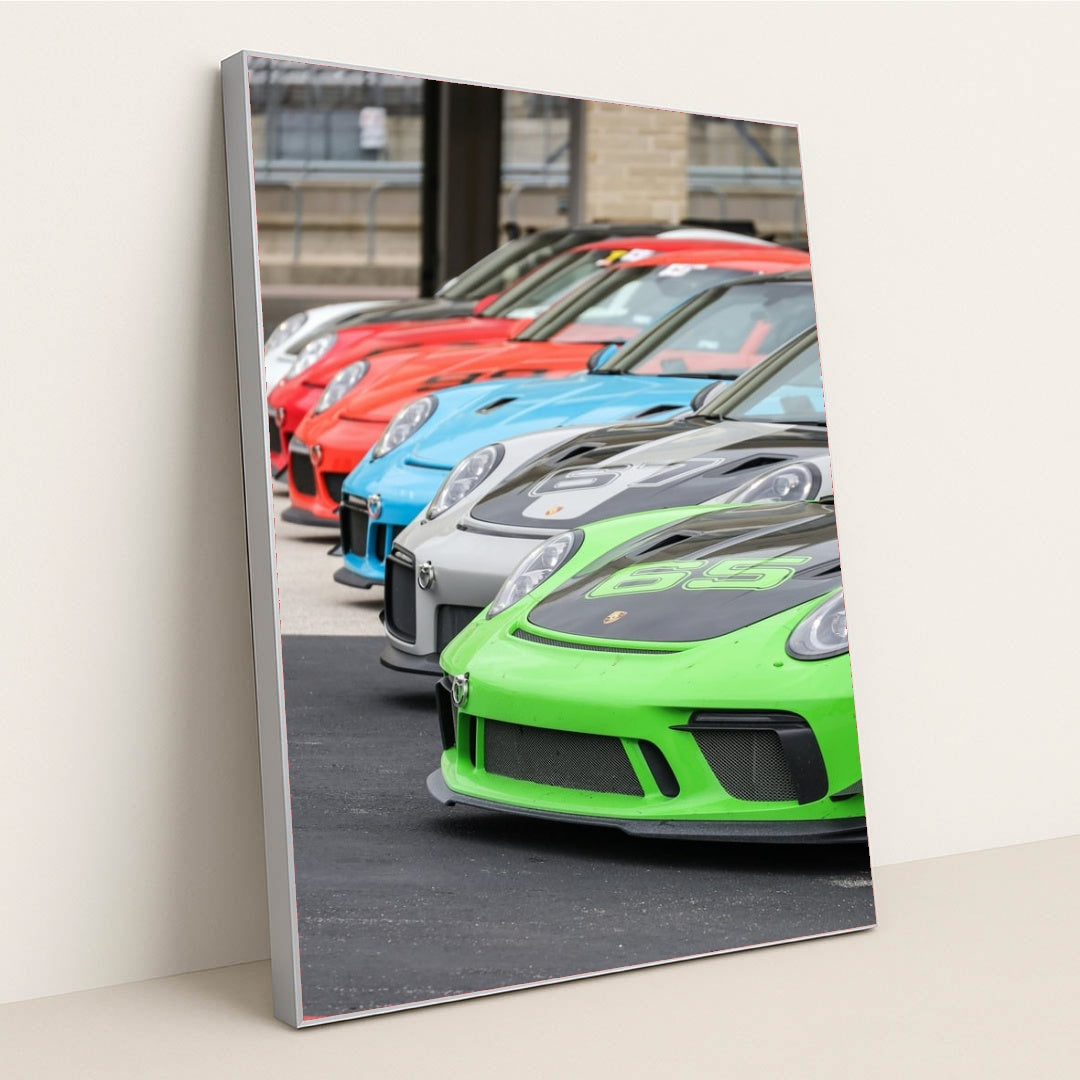 Porsche 911 GT3 Cup Lineup featuring colorful cars lined up, showcasing vibrant paint and high-performance racing spirit as car wall art.