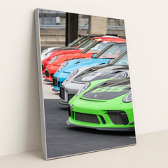 Porsche 911 GT3 Cup Lineup featuring colorful cars lined up, showcasing vibrant paint and high-performance racing spirit as car wall art.