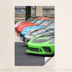 Vibrant Porsche 911 GT3 Cup Lineup with bold colors, showcasing high-performance racing car wall art.
