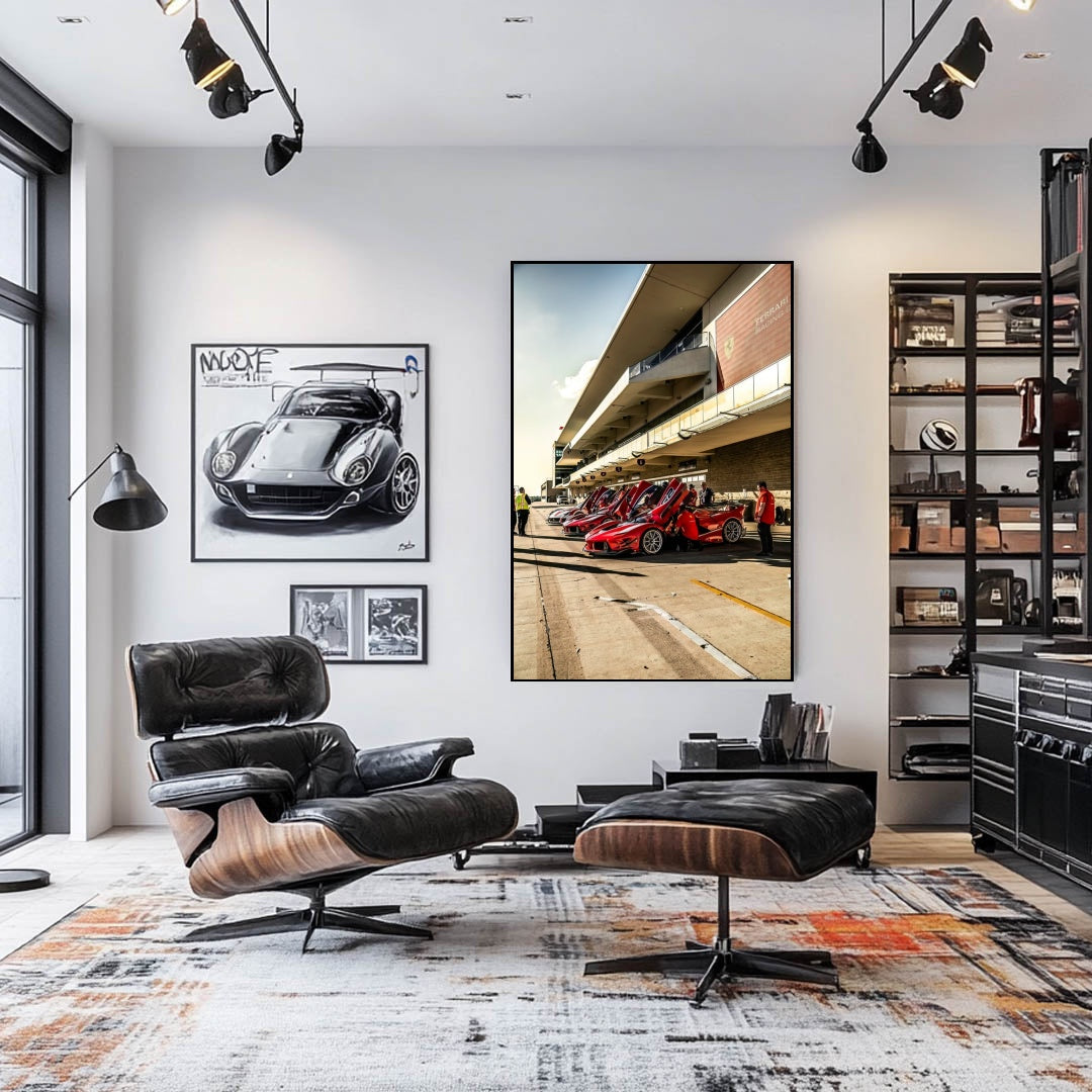 Ferrari FXX-Ks at the Track displayed in a stylish modern living room with contemporary furniture and artwork.