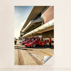 Ferrari FXX-Ks at the Track parked with doors open, showcasing their design under sunlight, perfect for car wall art.