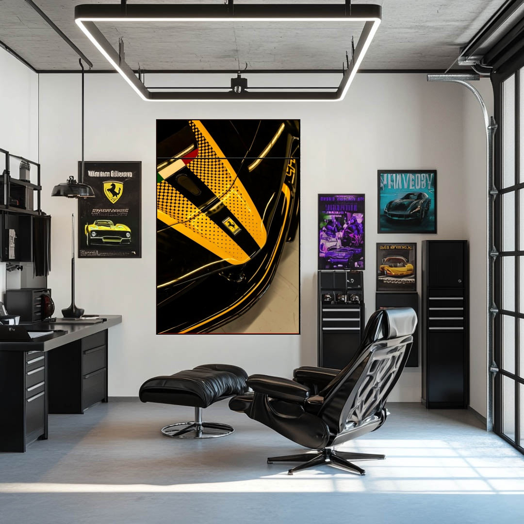 Close-up of Ferrari Nose Detail car wall art showcasing sleek design and yellow accents in a modern workspace.