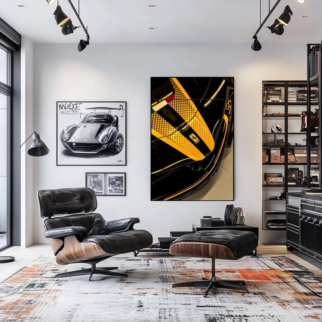 Ferrari Nose Detail showcased as sleek black car wall art with yellow racing stripes and gleaming badge in modern decor.