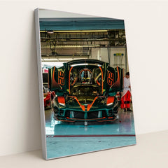 Ferrari FXX-K Evo in Pit Garage, showcasing its emerald green body and raised dihedral doors, perfect for car wall art.