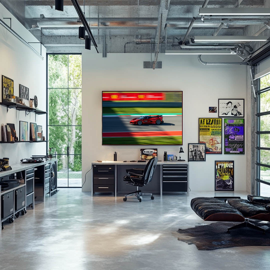 Ferrari FXX-K Evo Racing car wall art displayed in a modern workspace with vibrant racing colors.