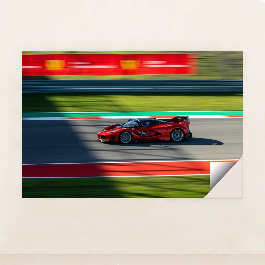 Ferrari FXX-K Evo Racing speeding on the track, vibrant Rosso Corsa body in motion, car wall art.