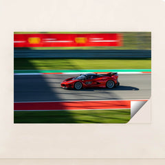 Ferrari FXX-K Evo Racing speeding on the track, vibrant Rosso Corsa body in motion, car wall art.