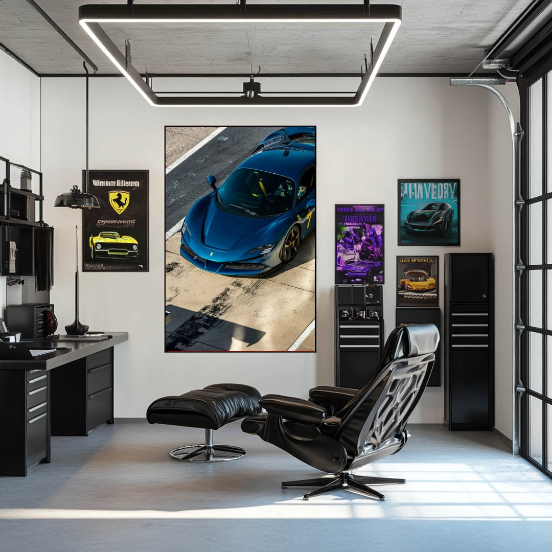 Ferrari SF90 Stradale in Pit Lane showcased as car wall art in a modern office with stylish decor.