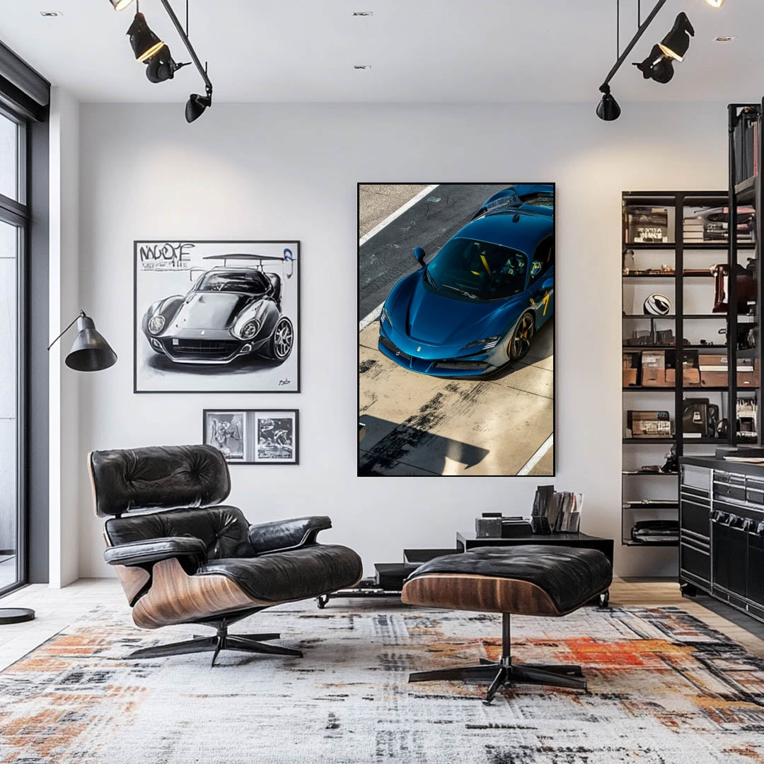 Ferrari SF90 Stradale in Pit Lane showcased as car wall art in a modern living room.