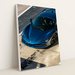 Ferrari SF90 Stradale in Pit Lane, deep metallic blue car wall art showcasing sharp lines and sleek design.
