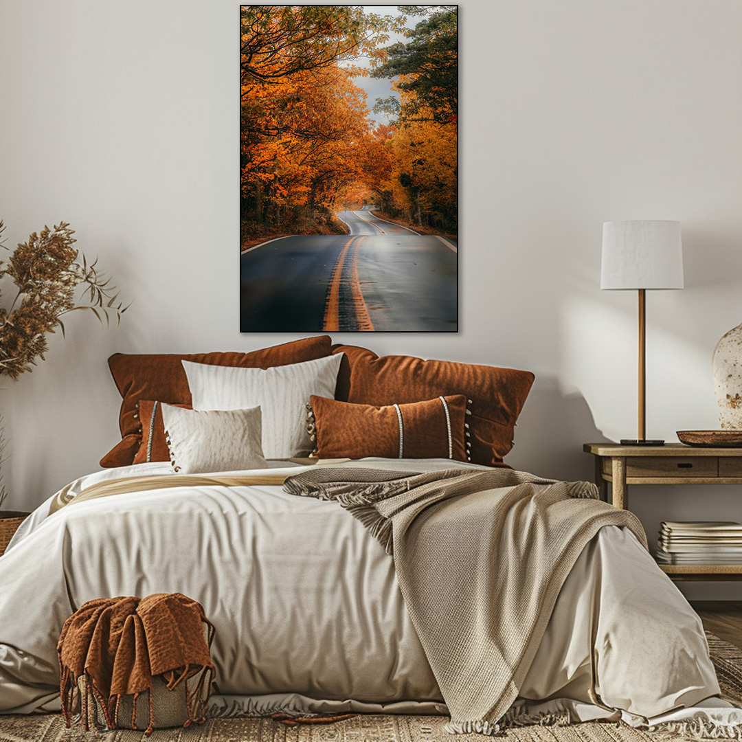 Cozy bedroom with a bed, lamp, and autumn-themed wall art.jpg