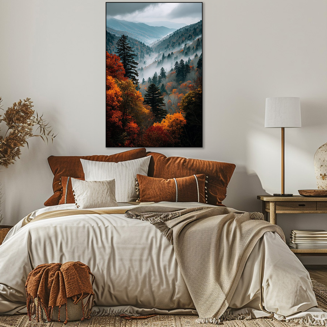 Cozy bedroom with a bed, decorative pillows, and a mountain landscape painting on the wall.