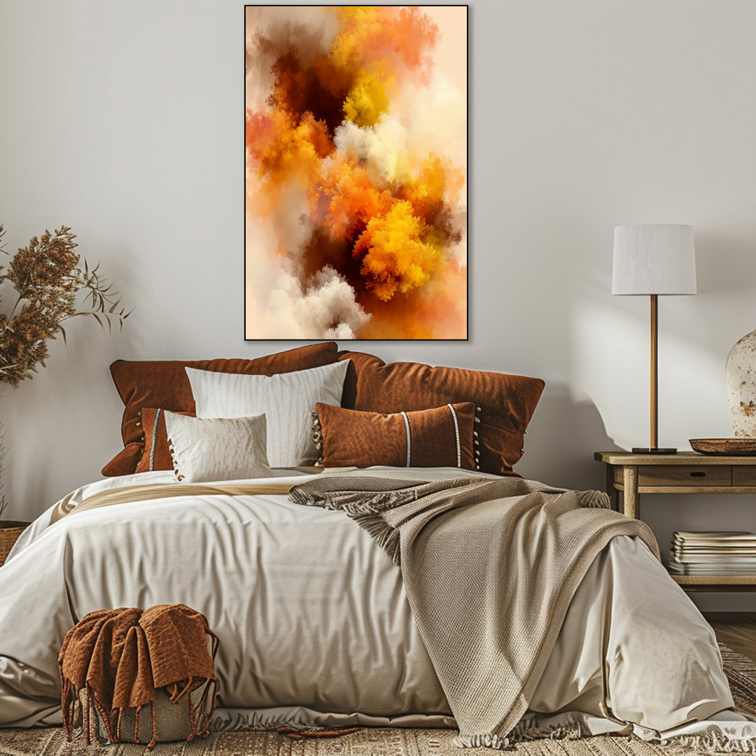 Cozy bedroom with a bed, abstract art, and side table.