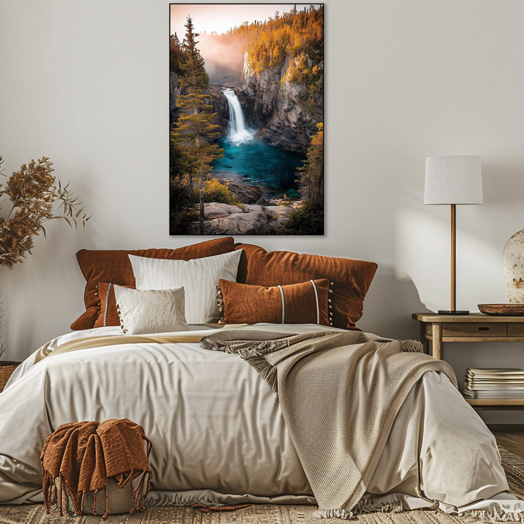 Bedroom with a large bed featuring brown and white bedding, a lamp on a nightstand, and a scenic wall art of a waterfall.