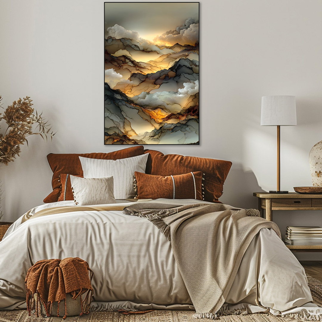 Cozy bedroom with a bed, decorative pillows, and a large abstract painting on the wall.