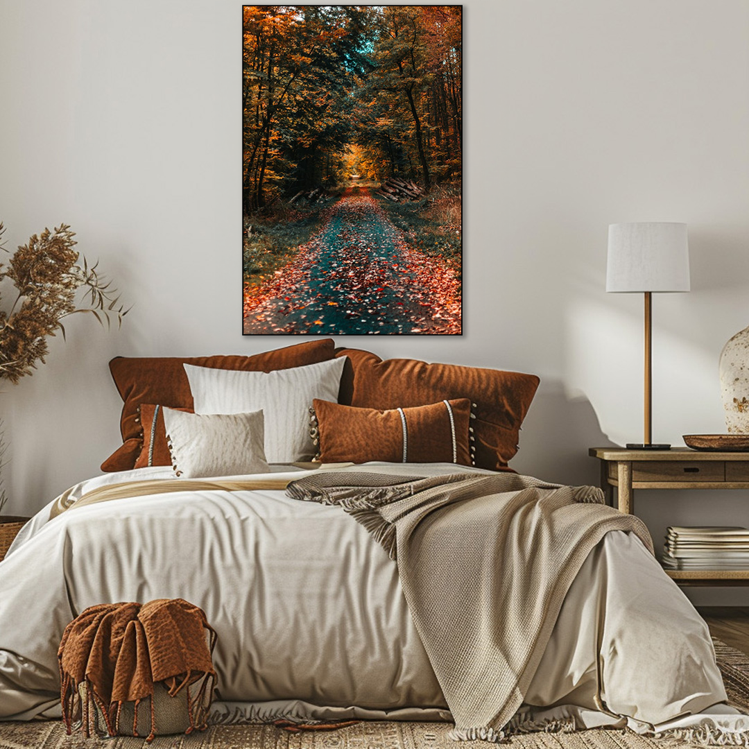 Cozy bedroom with a bed, decorative pillows, and a forest painting on the wall.