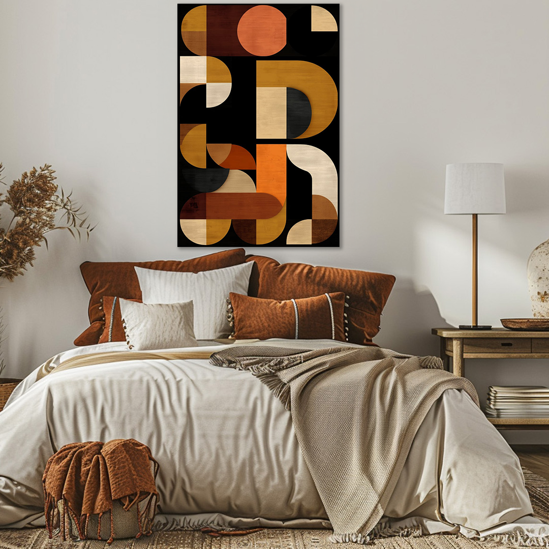 Bedroom with a bed featuring pillows and blankets, a lamp, and abstract wall art.