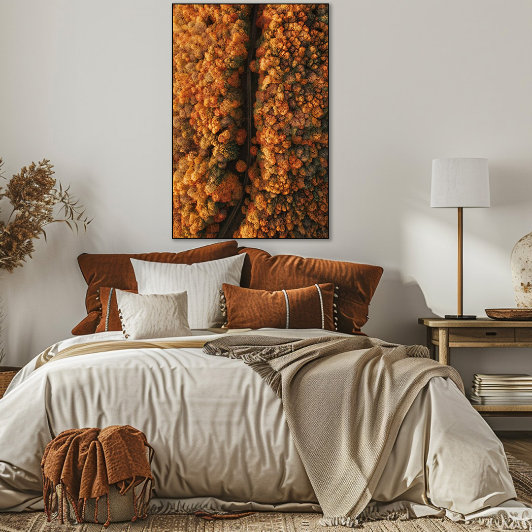 Cozy bedroom with a bed, decorative pillows, and a large abstract painting on the wall.