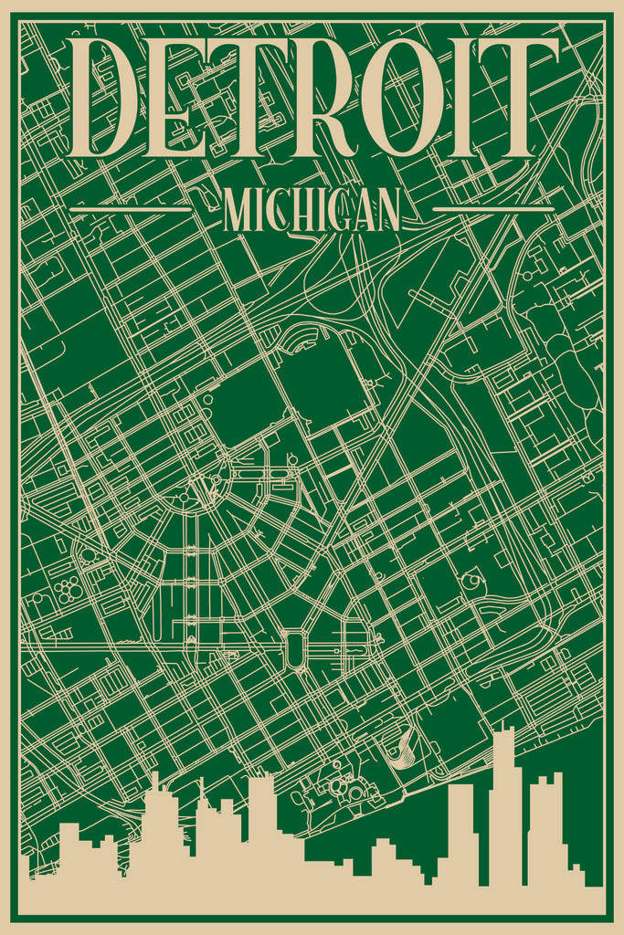 Stock Photos - Road network poster of the downtown DETROIT, MICHIGAN