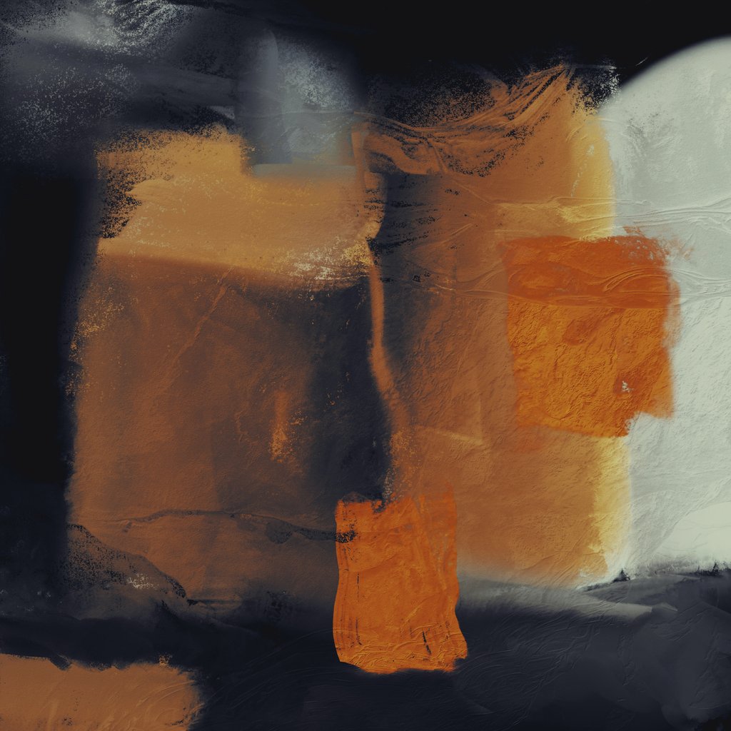 Steve Johnson - Dynamic abstract art piece featuring bold orange and black brushstrokes.