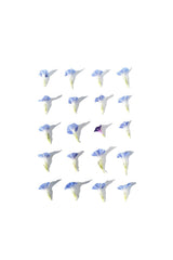 Evie Shaffer - Minimalist arrangement of light blue flowers with one purple standout on white.